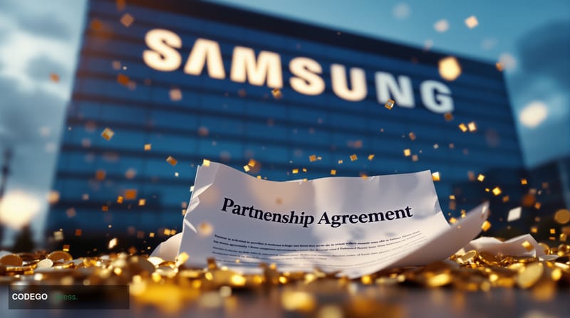 A photorealistic editorial photograph taken at the Samsung Electronics headquarters in Suwon, South Korea, with the iconic Sa