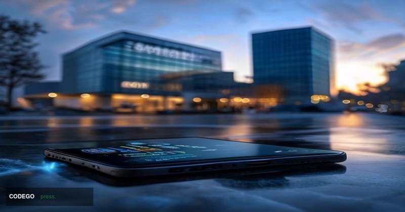 A cinematic editorial photograph set at Samsung's Korean corporate campus in Suwon, South Korea, with the iconic Samsung Elec