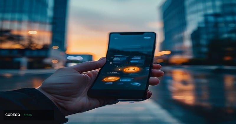 A photorealistic cinematic editorial photograph centered on a sleek Samsung Galaxy smartphone held in a human hand against th