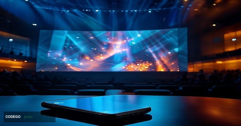 A photorealistic editorial photograph set inside a sleek Samsung Galaxy Unpacked keynote stage in Seoul, South Korea, with dr
