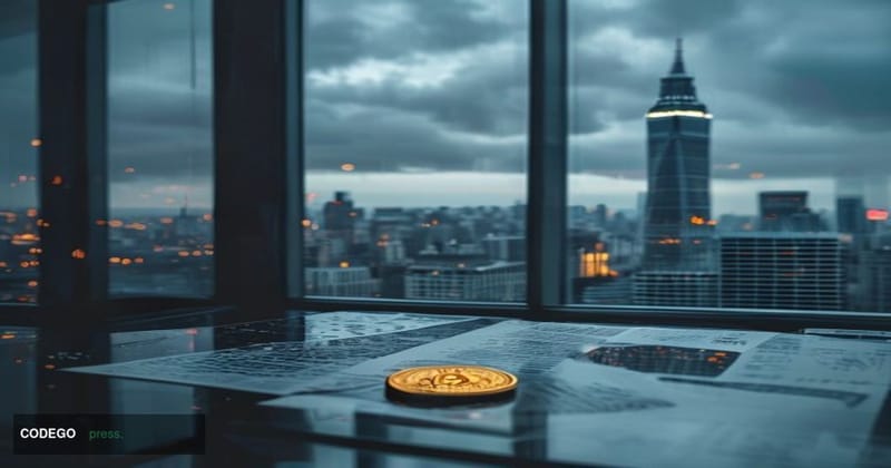 A cinematic editorial photograph set in the financial district of London, with the iconic Gherkin tower visible in the soft-f