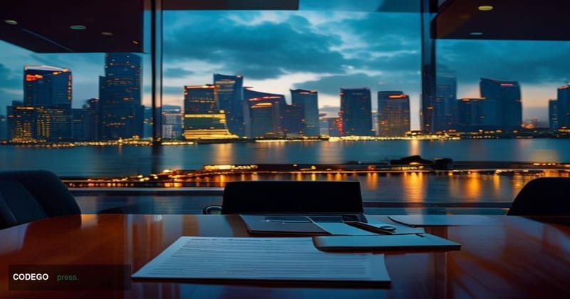 A cinematic editorial photograph set in Singapore's Marina Bay financial district at dusk, with the iconic skyline of glass t