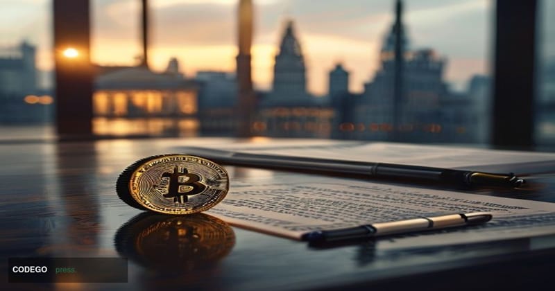 A dramatic cinematic close-up of a weathered physical Bitcoin coin standing upright on a dark mahogany boardroom table, with 