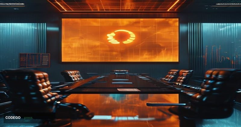 A dramatic cinematic editorial photograph set in a dimly lit Bitcoin-themed boardroom environment, with a large central scree