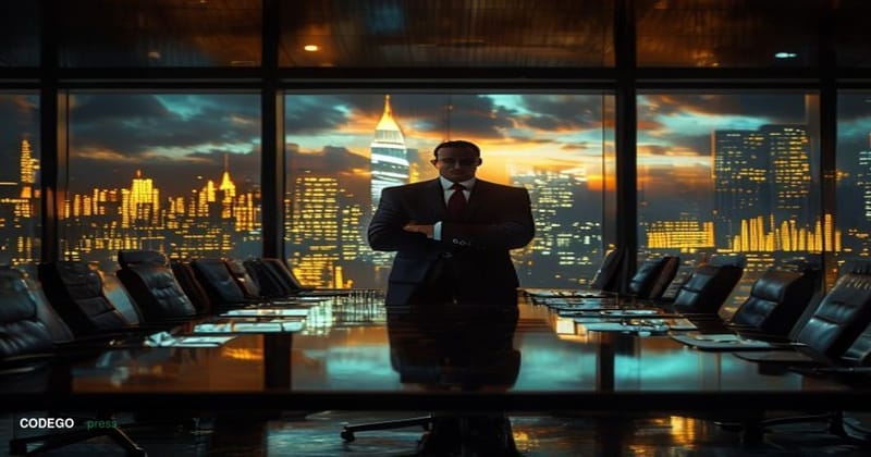 A dramatic cinematic editorial photograph set in a darkened corporate boardroom with floor-to-ceiling windows overlooking a s