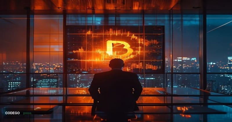 A cinematic editorial photograph set inside a high-rise corporate boardroom overlooking a nighttime city skyline, with a larg