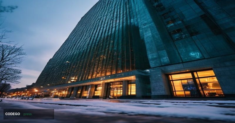 A photorealistic cinematic editorial photograph of Sberbank's iconic Moscow headquarters — the imposing green-facade tower on