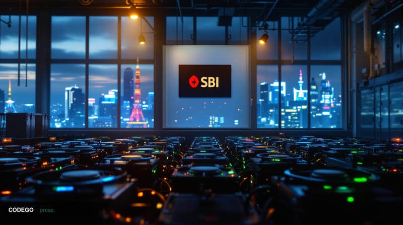 A dramatic cinematic editorial photograph of a large-scale Bitcoin mining facility in twilight shutdown, set against the back