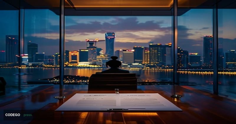 A dramatic cinematic editorial photograph capturing the convergence of Japanese corporate power and Singapore's digital finan