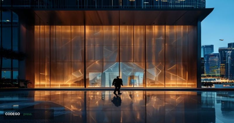 A cinematic editorial photograph set in Singapore's Marina Bay financial district at dusk, with the iconic skyline reflected 