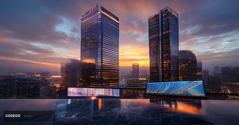 A cinematic editorial photograph capturing the convergence of Japanese and Singaporean financial power. In the foreground, a 