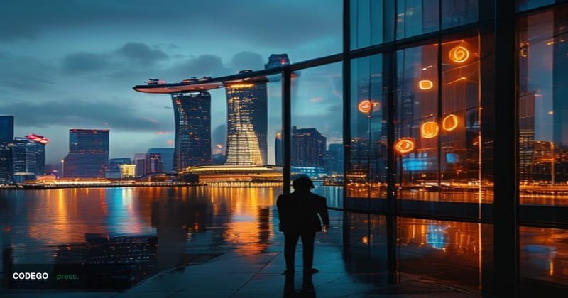 A cinematic editorial photograph depicting the financial district of Singapore at dusk, with the iconic Marina Bay Sands and 