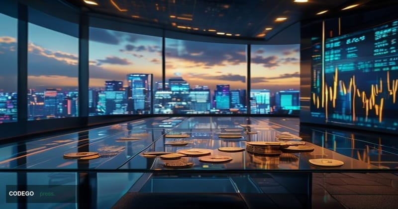 A photorealistic cinematic editorial photograph set inside a modern Japanese financial institution's trading floor in Tokyo, 