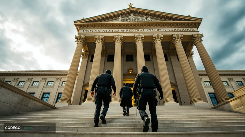 A cinematic editorial photograph taken from a low angle looking up at the entrance of a United States federal courthouse, its