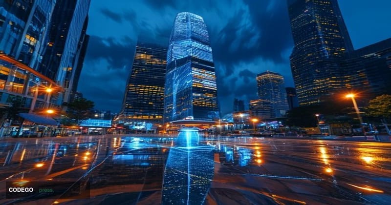 A cinematic editorial photograph set at dusk in Bangkok's central financial district, with the Siam Commercial Bank headquart