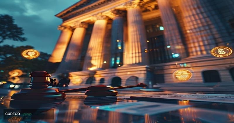 A cinematic editorial photograph of the U.S. Securities and Exchange Commission headquarters building in Washington D.C., sho