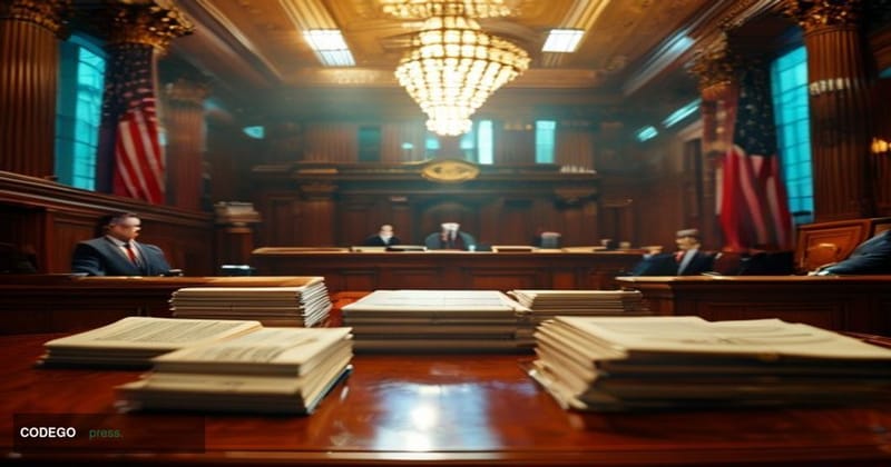 A photorealistic editorial photograph set inside a formal government hearing chamber reminiscent of the SEC's Washington D.C.