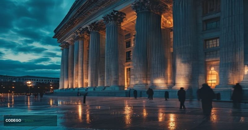 A dramatic wide-angle photorealistic editorial photograph of the exterior of the U.S. Securities and Exchange Commission head