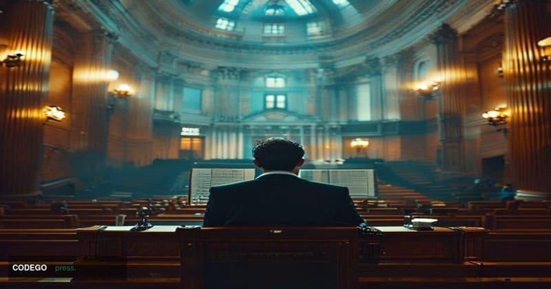 A dramatic, cinematic editorial photograph set inside a grand federal government hearing chamber in Washington D.C., with orn