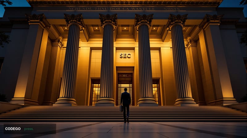 A photorealistic editorial photograph set inside the neoclassical exterior of the SEC headquarters building in Washington D.C