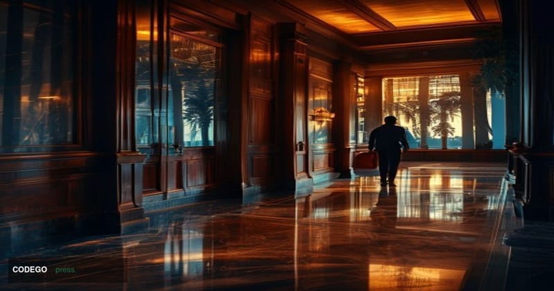 A photorealistic editorial photograph set inside a darkened federal courthouse corridor in Florida, with dramatic chiaroscuro