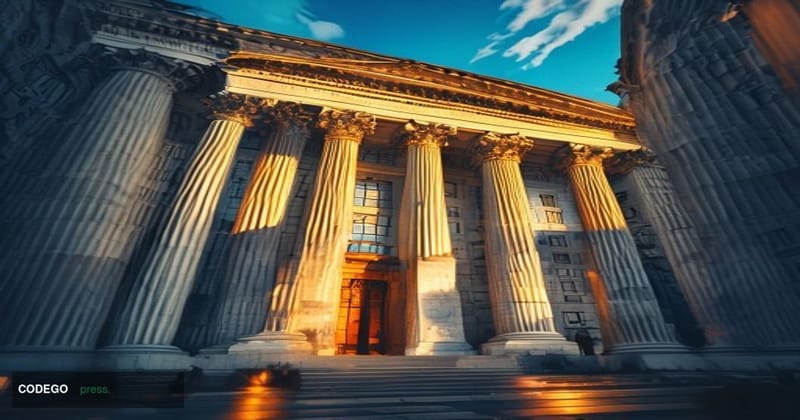 A photorealistic cinematic editorial photograph of the U.S. Securities and Exchange Commission headquarters building in Washi