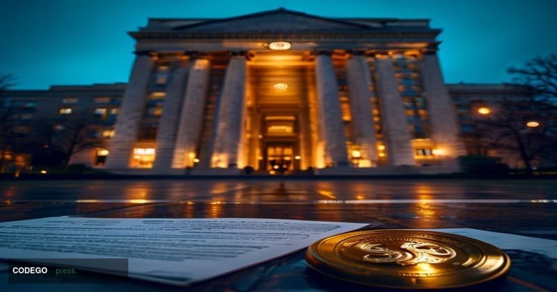 A photorealistic editorial photograph of the U.S. Securities and Exchange Commission headquarters in Washington D.C., shot fr