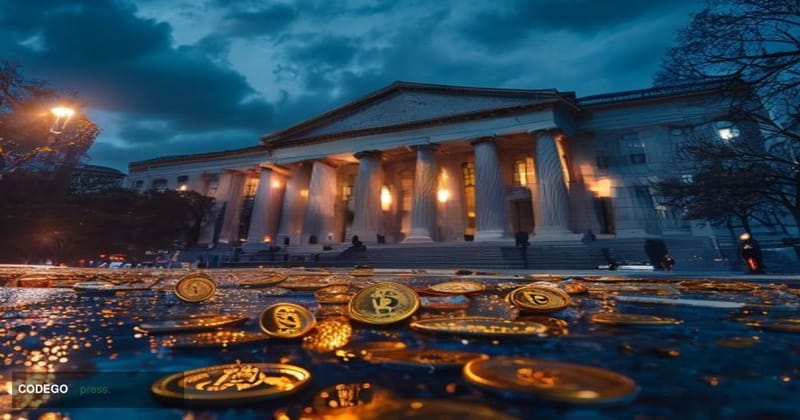 A dramatic wide-angle shot of the Securities and Exchange Commission headquarters in Washington D.C., captured at dusk with w