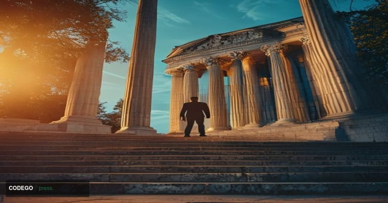 A cinematic editorial photograph centered on the neoclassical facade of the SEC headquarters building in Washington D.C., cap