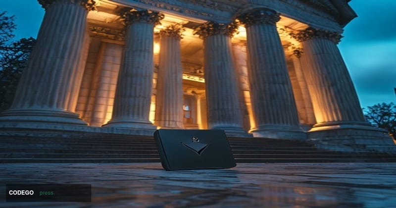 A photorealistic cinematic editorial photograph set outside the imposing neoclassical marble façade of the U.S. Securities an
