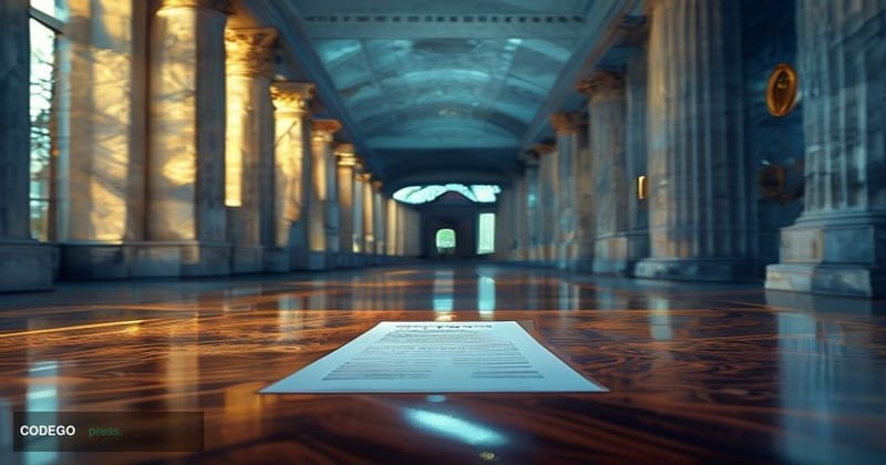 A photorealistic cinematic editorial photograph set inside a formal Washington D.C. federal government corridor, shot from a 
