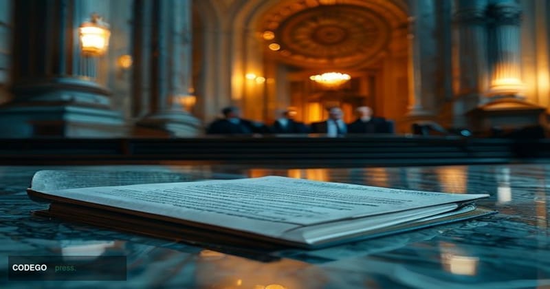 A cinematic editorial photograph set inside the grand entrance of the SEC's Washington D.C. headquarters building at dusk, wi