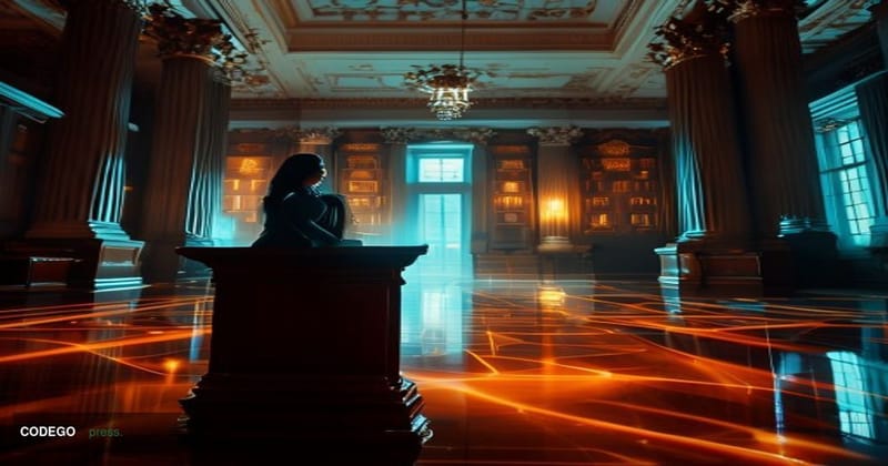 A cinematic editorial photograph set inside a dramatic federal regulatory chamber, with a prominent female silhouette standin