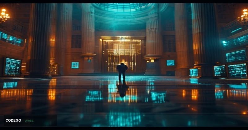 A cinematic editorial photograph set inside a grand federal courthouse rotunda, with a foreground of glowing holographic bloc