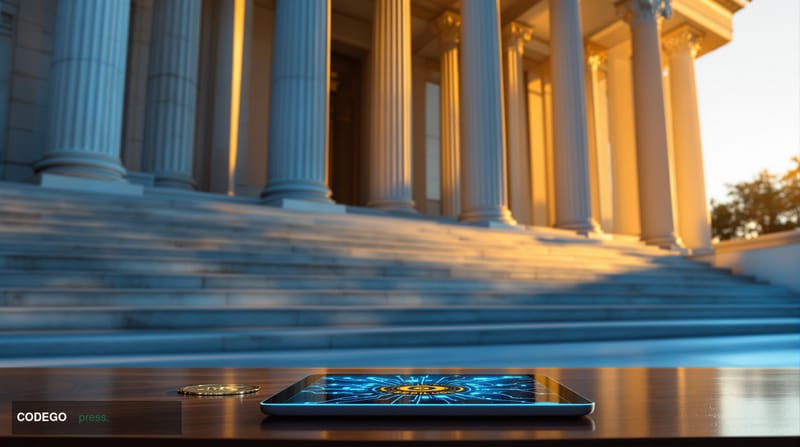 A cinematic editorial photograph centered on the neoclassical facade of the SEC headquarters building in Washington D.C., its