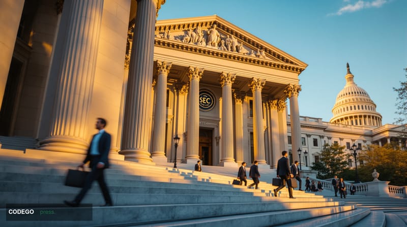 A photorealistic editorial photograph of the exterior of the SEC headquarters building in Washington D.C., shot from a low dr