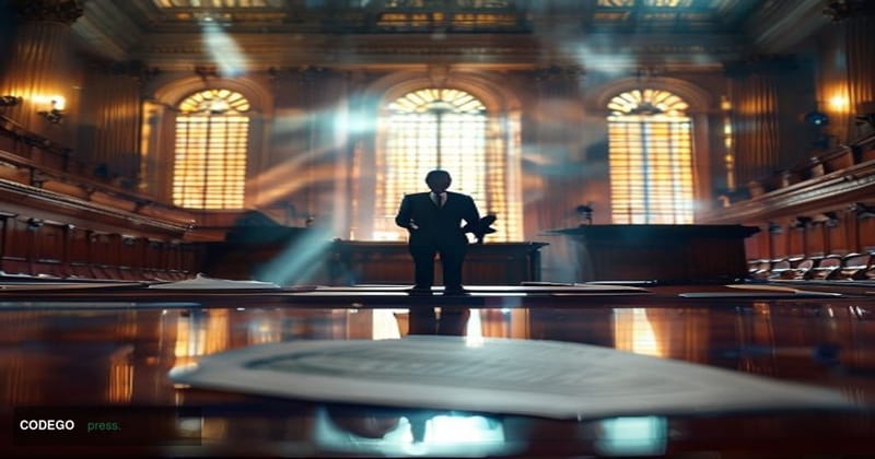 A cinematic editorial photograph set inside a grand neoclassical government hearing chamber modeled after the SEC's Washingto