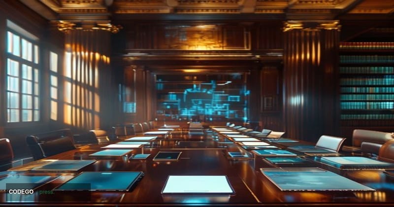 A photorealistic editorial photograph set inside a modernized U.S. regulatory government office, with the SEC seal prominentl