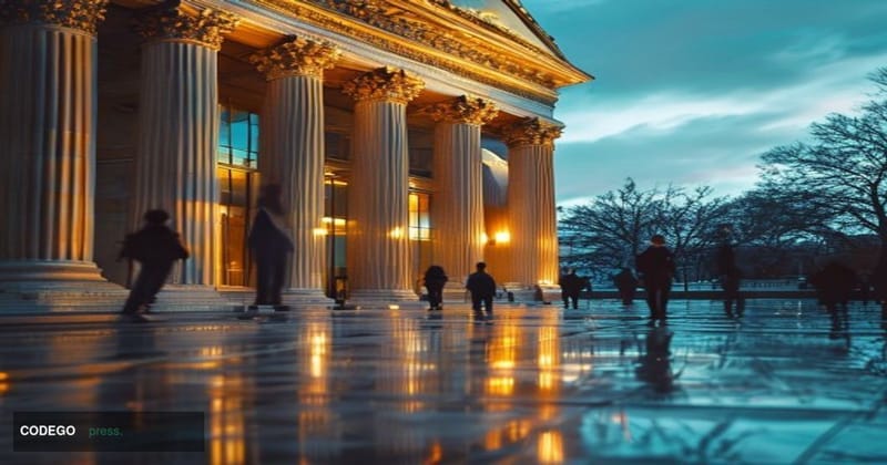 A cinematic editorial photograph of the exterior of the U.S. Securities and Exchange Commission headquarters in Washington D.