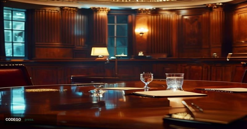 A cinematic editorial photograph set inside the formal chambers of the U.S. Securities and Exchange Commission headquarters i