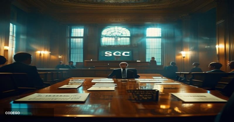 A dramatic cinematic editorial photograph set inside a formal Washington D.C. government hearing chamber, modeled on the SEC'