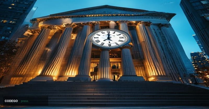 A photorealistic editorial photograph of the exterior of the U.S. Securities and Exchange Commission headquarters building in