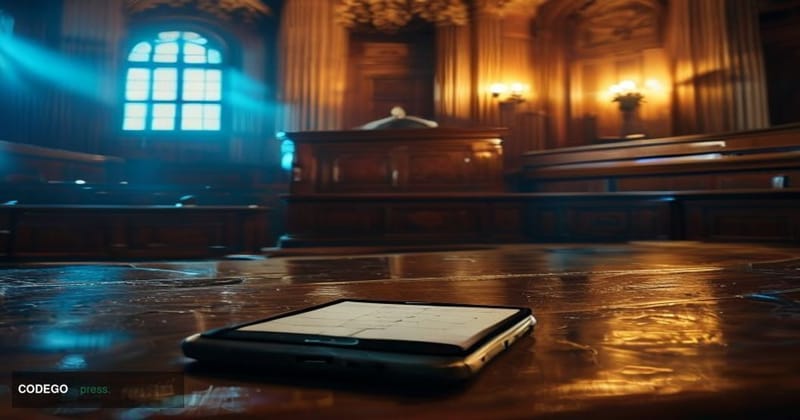 A dramatic cinematic editorial photograph set inside a wood-paneled federal courtroom in Washington D.C., shot from a low ang