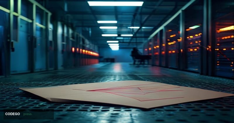 A cinematic editorial photograph set inside a dimly lit, industrial-style server room that has been largely gutted and left d