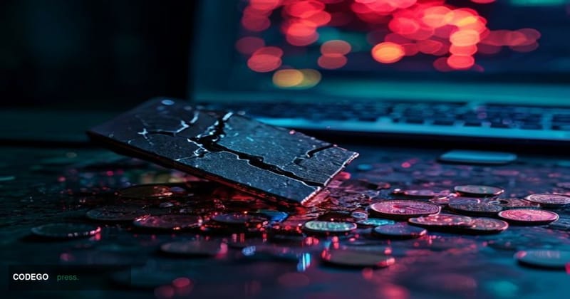 A cinematic editorial photograph of a cracked and shattered digital hardware wallet lying on a dark obsidian surface, with sc