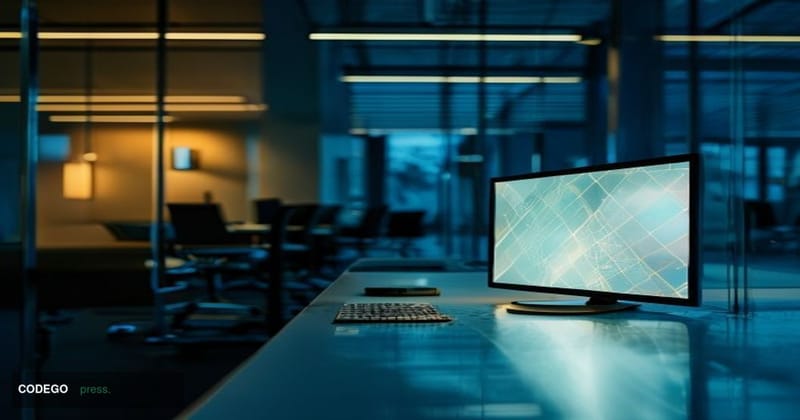 A cinematic editorial photograph depicting a darkened, partially shuttered cryptocurrency startup office interior, with a glo