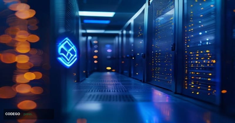 A dramatic cinematic editorial photograph set in a dimly lit server room with deep blue and amber tones, foregrounded by a gl