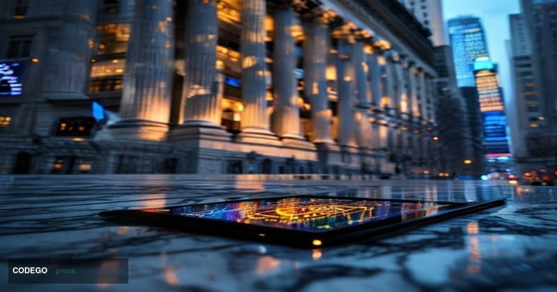 A dramatic cinematic editorial photograph of the New York Stock Exchange facade on Wall Street, shot from a low angle at dawn