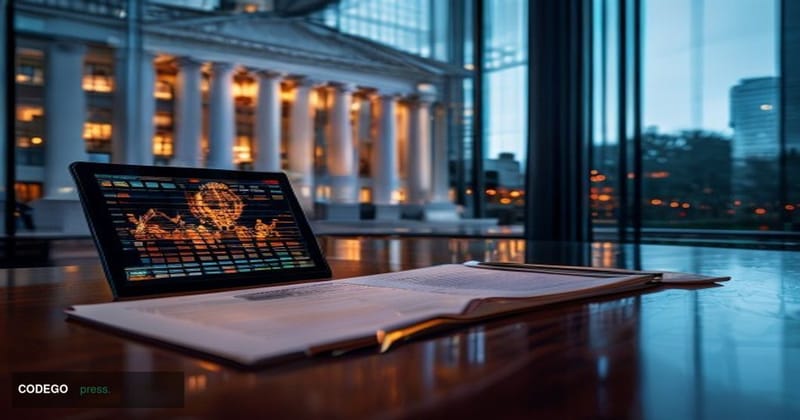 A cinematic editorial photograph set inside a sleek, modern financial compliance office in Washington D.C., with the U.S. Sec