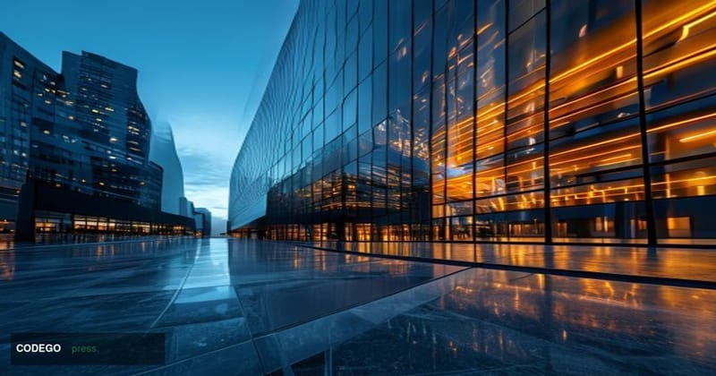 A photorealistic editorial photograph of a sleek, modern financial district office building exterior at dusk, with large glas
